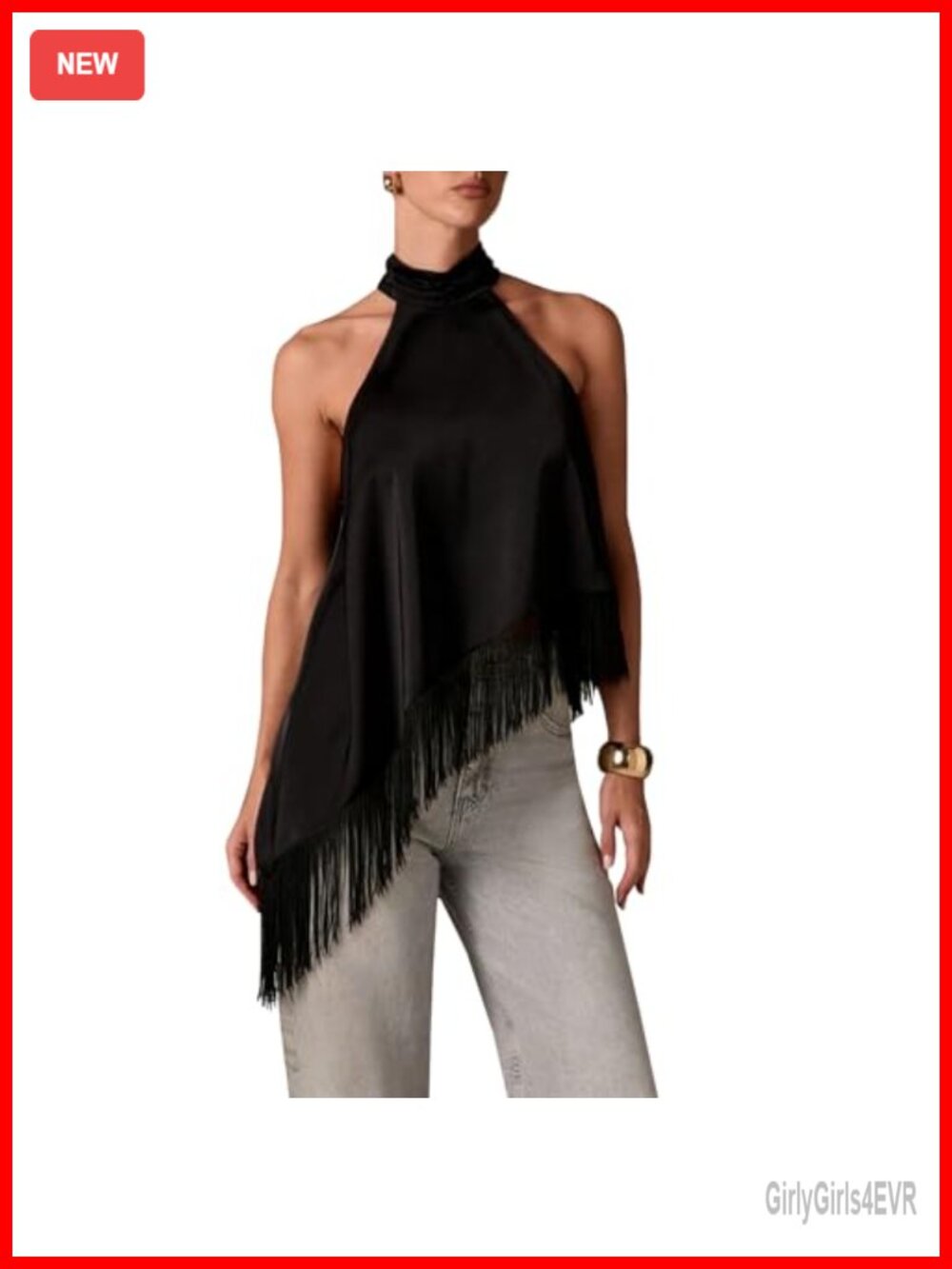 Y2K Fringe Satin Tank Top Mock Neck Crop Sleeveless Tassel Trim